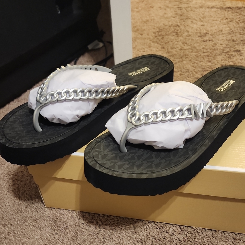Michael Kors Black Sandals with Silver Chain
